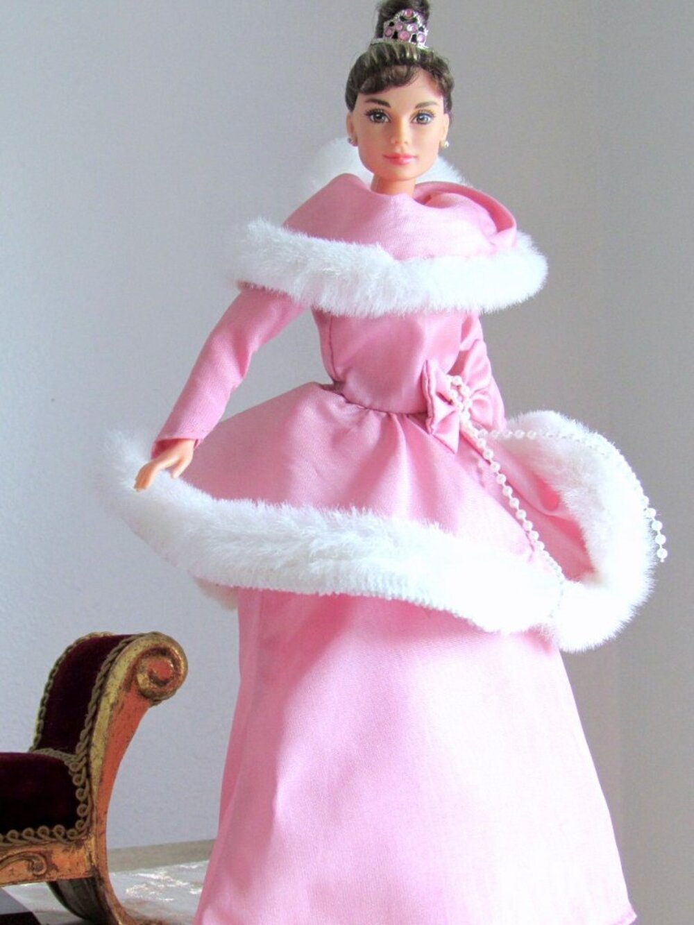 BARBIE BALL GOWN, PINK w WHITE FAUX FUR + SHOES, GREAT for AUDREY HEPBURN DOLL
